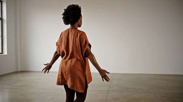 rear view of woman walking slowly with arms extended in minimal space, conceptual visualization of internal energy flow moving from core to extremities, calm wellness and body awareness theme