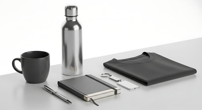 Assortment of corporate promotional items arranged on a white surface for branding.