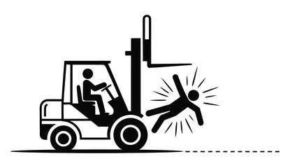 Forklift collision artwork, detailed high resolution image of a warehouse incident where a worker is hit by a moving forklift, highlighting danger © gevan
