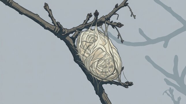 Nest in a tree branch, detailed illustration of natures architecture.