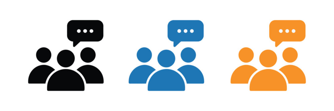 People communication icon set featuring speech bubbles in multiple colors, clean vector design for community conversation, teamwork, and collaboration themes
