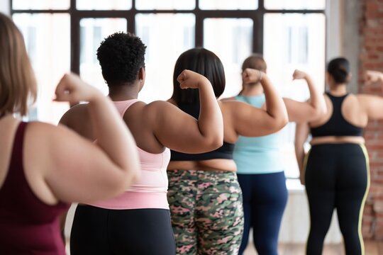 Diverse group of women of varying sizes confidently flexing biceps, celebrating strength, self-love, and empowerment in a fitness class