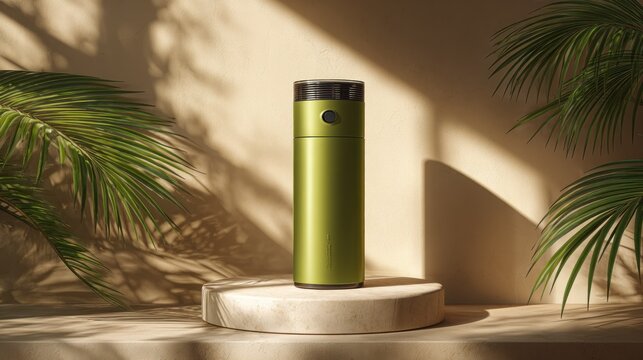 Sleek modern container rests upon a display pedestal surrounded by tropical foliage creating strong shadow patterns