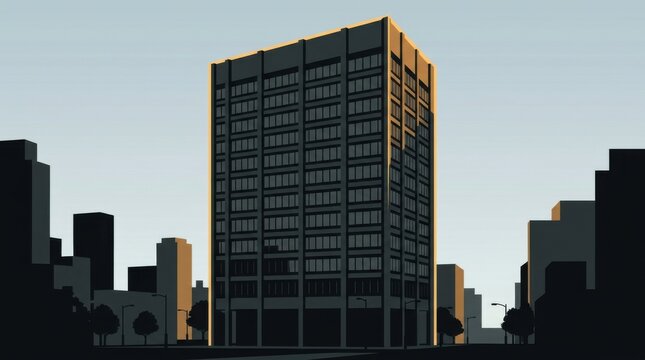 Tall urban building with many windows in the city at sunset.