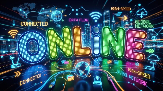 Vibrant Digital Online World - Connectivity and Network Visualization.