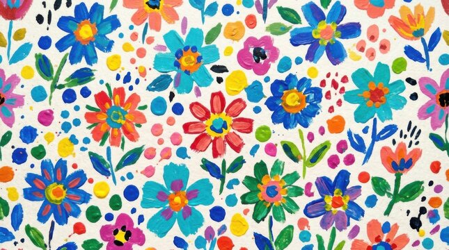 Vibrant Floral Watercolor Pattern - Colorful Blossoms on White Background.