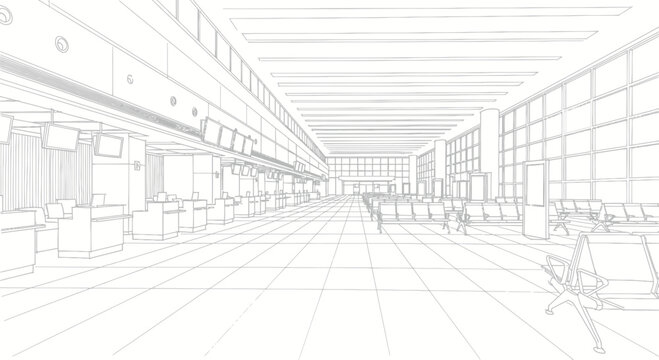 Architectural blueprint of a modern airport terminal interior.