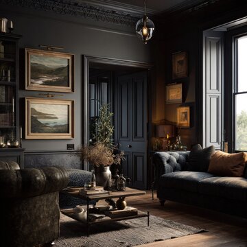 Elegantly decorated drawing room features dark walls and traditional furnishings illuminated by warm ambient light