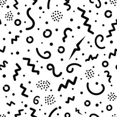 Fototapeta premium Retro 80s memphis style pattern with squiggles and dots black and white abstract geometric squiggles minimalist background seamless creative energetic monochrome decoration