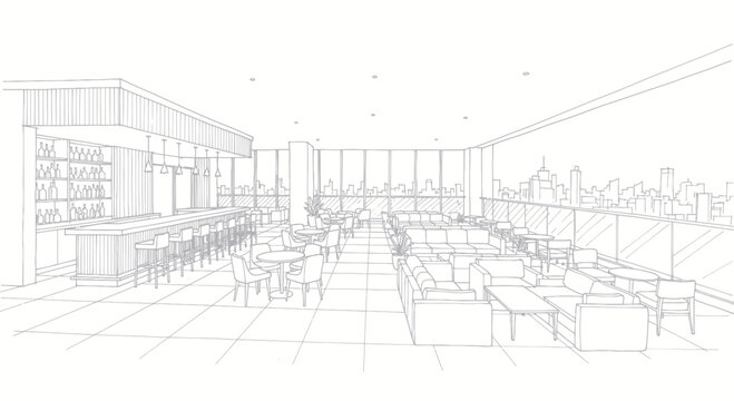 Architectural Sketch of a Modern Interior Space with Seating and Bar Area.