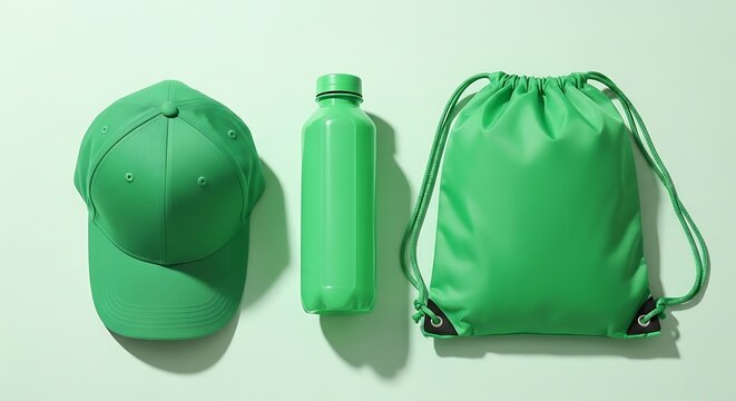 Green Accessories - Baseball Cap, Water Bottle, and Drawstring Bag on a Light Green Background.