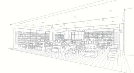 Architectural sketch of a modern library interior with bookshelves and seating. © Dika