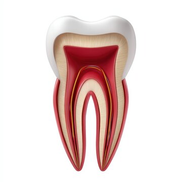 Detailed 3D cross section of human molar tooth anatomy showing enamel dentin pulp and root canal system isolated on white