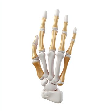 Human Hand Skeleton Model with Gold Metacarpal and Phalanx Bones Isolated on White 3D Render