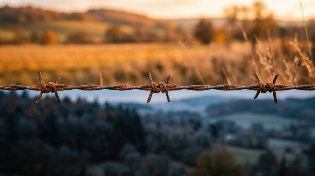 Barbed wire fence in a rural landscape with a blurred background.
