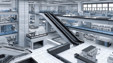 Fototapeta premium Architectural wireframe visualization depicts a complex, multi-level interior space featuring numerous escalators and structural elements