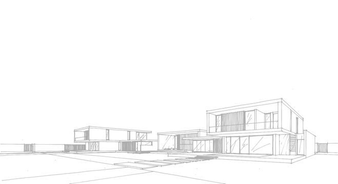 Architectural sketch of modern houses with clean lines and contemporary design.
