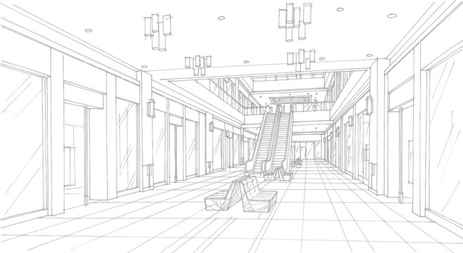 Architectural sketch of a modern shopping mall interior with escalators and shops.