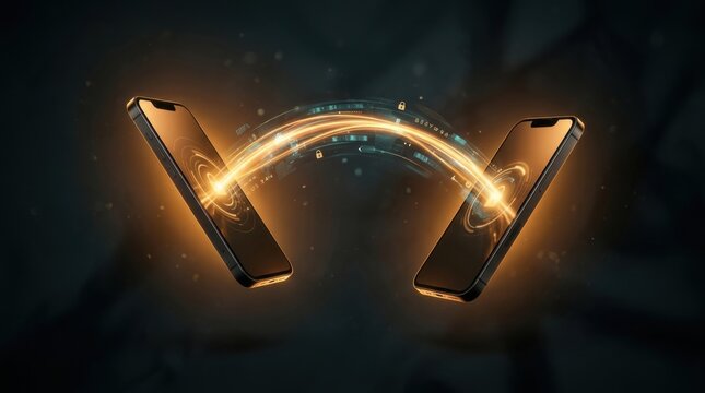 Data transfer between two smartphones with glowing light effect.