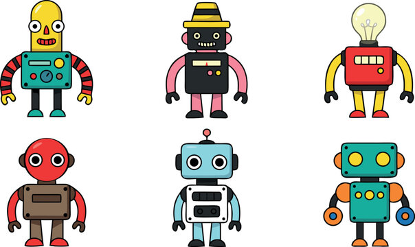 Cute Colorful Toy Robot Character Vector Collection Set Featuring Various Fun Retro Designs Including Lightbulb Head And Hat Details