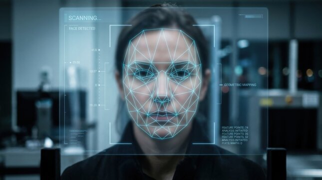 Facial recognition technology scanning womans face for identification and verification.