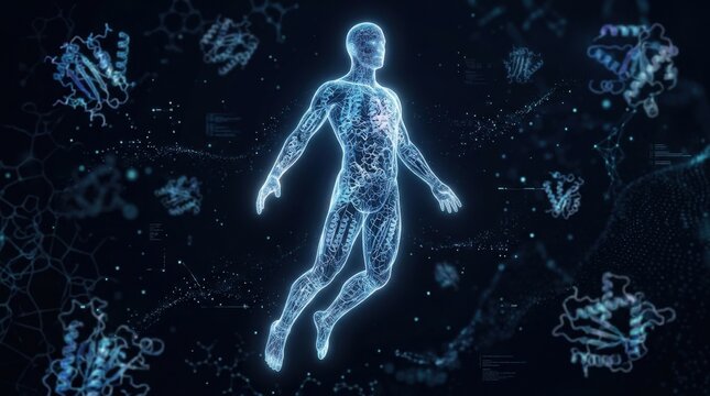 Human Body Anatomy Visualization with Molecular Structures in Space.