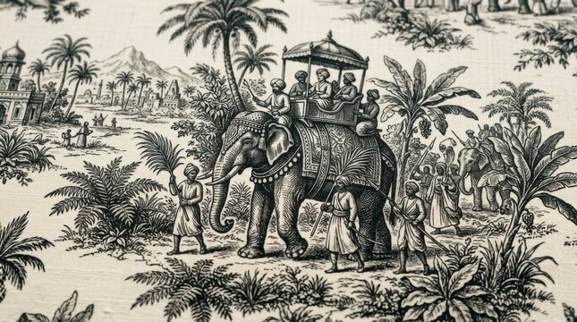 Intricate Black and White Elephant Parade Illustration with Palm Trees and Figures.