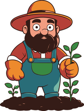 Ugly Cute Farmer Planting Seed Cartoon Sticker White Background 1