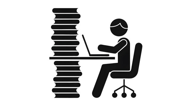 ​Minimalist vector illustration of a student or freelancer working on a laptop with a giant stack of books on a desk.