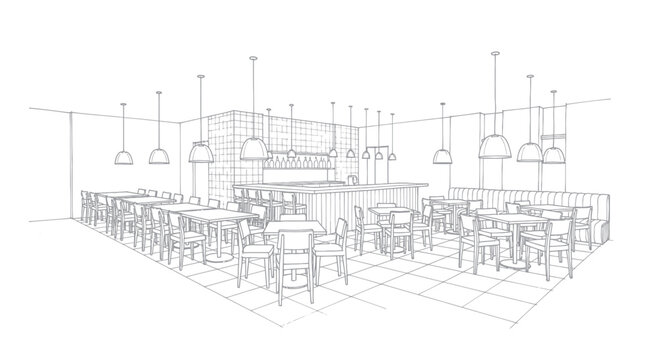 Detailed architectural sketch of a modern restaurant interior with tables and bar.