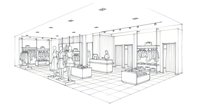 Detailed architectural sketch of a modern retail clothing store interior.