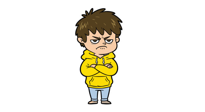 An angry boy with crossed arms wears a yellow hoodie and light blue jeans while standing in a neutral indoor setting with soft ambient lighting and flat color tones.