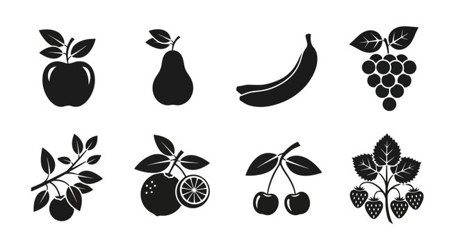 Black silhouettes of various fruits icons.