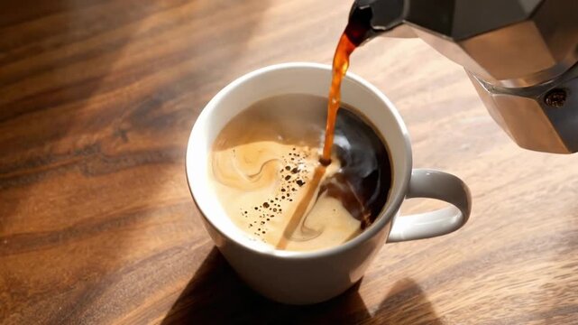 Brewed coffee is poured into a cup from a geyser coffee maker on a wooden table in the morning light