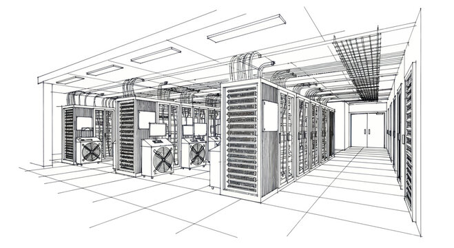 Detailed blueprint of a modern data center with server racks and network infrastructure.