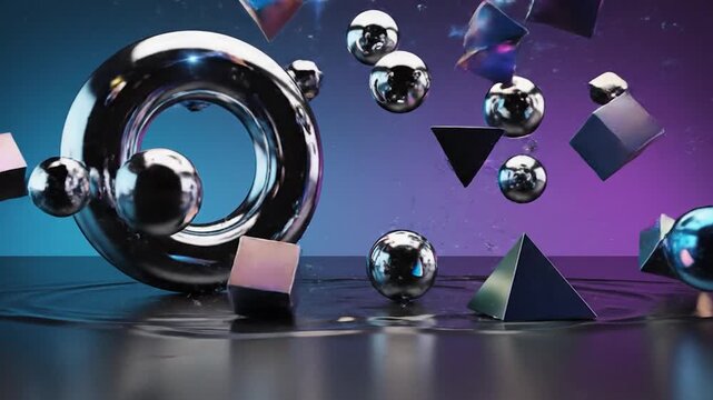 Abstract geometric shapes and spheres floating in a vibrant, colorful and modern digital art composition with a gradient background