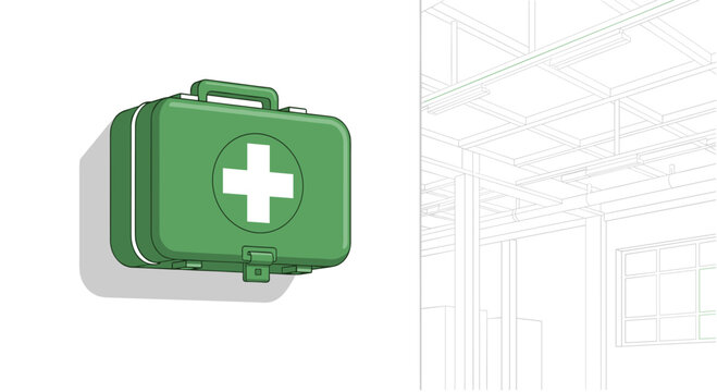 A green medical first aid kit box illustration is positioned on the left side against a simple white background with a faint linear structural building design on right.