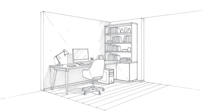 Detailed sketch of a modern home office setup with desk chair computer and bookshelf.