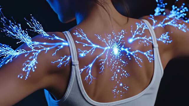 Female shoulders under invisible load while internal pathways radiate outward illustrating stress distribution neural activity, body response to tension and pressure