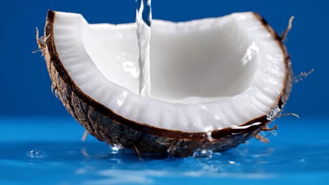 Fresh water pouring into a halved coconut, showcasing the refreshing and natural tropical beverage on a vibrant blue surface