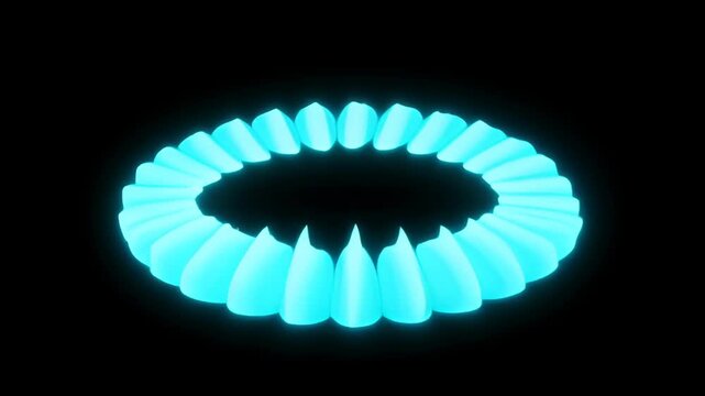 Glowing neon ring cyan light torus luminous circle abstract shape futuristic ring glowing blue circular neon ring with jagged waveform edges floating black background conveying energy and motion