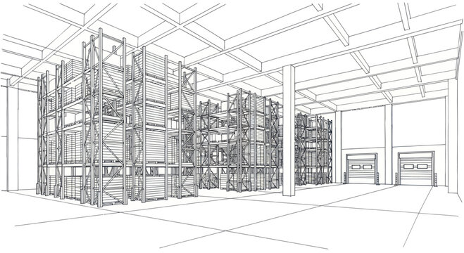 Detailed wireframe drawing of a large industrial warehouse interior.