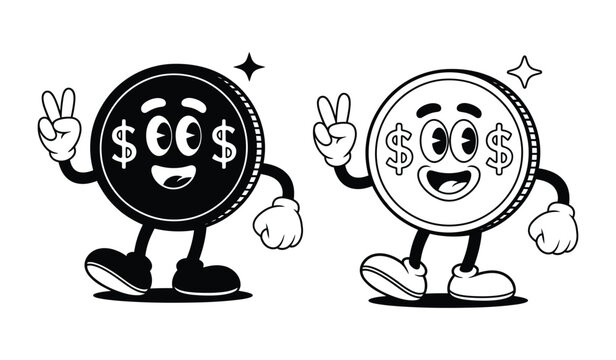 Dollar coin mascot illustration, happy smiling coin characters with dollar signs in vintage retro style, funny finance mascots for banking apps, rewards systems, savings concepts, and playful branding