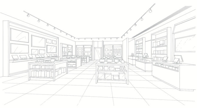 Outline sketch of a modern retail store interior design.