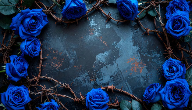Blue Rose Frame with Subtle Barbed Wire