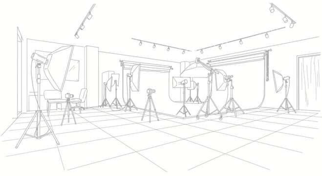 Professional photography studio setup with various lighting equipment and backdrops.