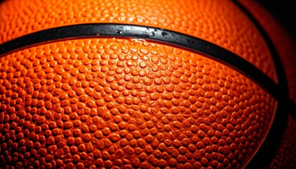 Fototapeta premium Dynamic close-up of a basketball's textured surface, highlighting the iconic orange grip and black seams under soft lighting, symbolizing the energy and passion of the sport