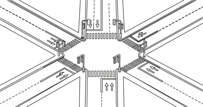  Modern outline illustration of a four-way intersection with traffic lights and road markings
