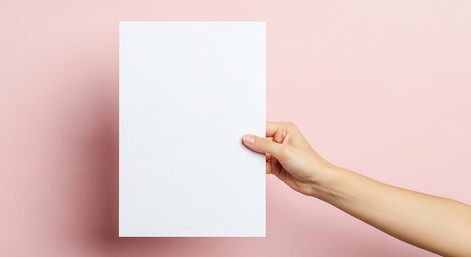 Hand holding blank white paper sheet mockup on pink background