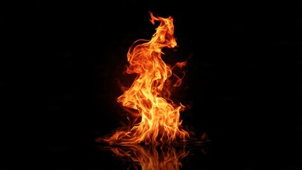 Fototapeta premium A tall column of bright orange and yellow fire dances against a stark black background with a subtle reflection below